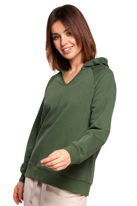 Bluza damska prosta bawełniana z kapturem i dekoltem zielona B189 Bluza damska prosta bawełniana z kapturem i dekoltem zielona B189