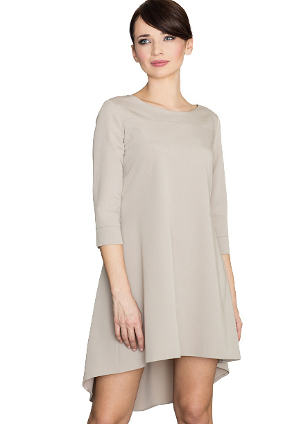 Elegancka sukienka asymetryczna z plisą i rękawem 3/4 beżowa K141 Elegancka sukienka asymetryczna z plisą i rękawem 3/4 beżowa K141