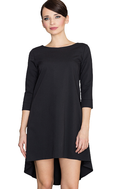 Elegancka sukienka asymetryczna z plisą i rękawem 3/4 czarna K141 Elegancka sukienka asymetryczna z plisą i rękawem 3/4 czarna K141