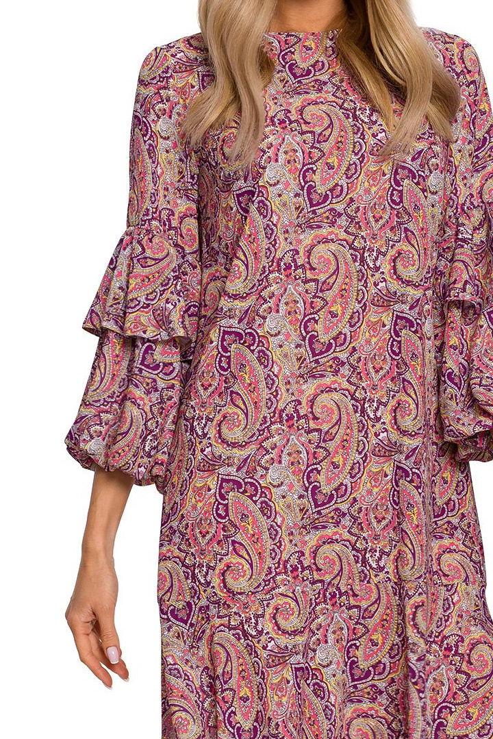 Luźna sukienka midi lejąca z szerokimi rękawami wzór paisley 2 me575