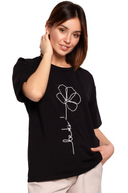 Bawełniana koszulka damska t-shirt z kwiatkiem czarna B187