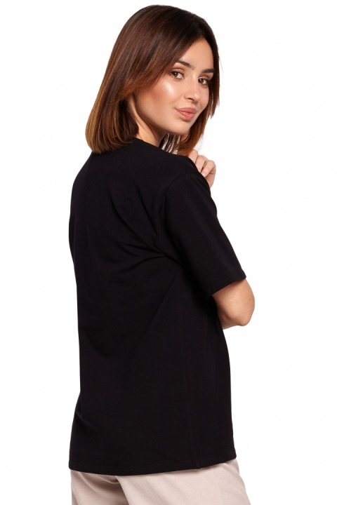 Bawełniana koszulka damska t-shirt z kwiatkiem czarna B187 Bawełniana koszulka damska t-shirt z kwiatkiem czarna B187