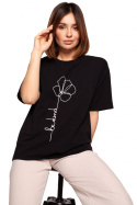 Bawełniana koszulka damska t-shirt z kwiatkiem czarna B187