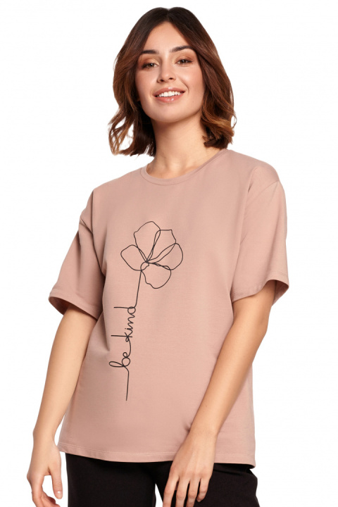 Bawełniana koszulka damska t-shirt z kwiatkiem mocca B187 Bawełniana koszulka damska t-shirt z kwiatkiem mocca B187