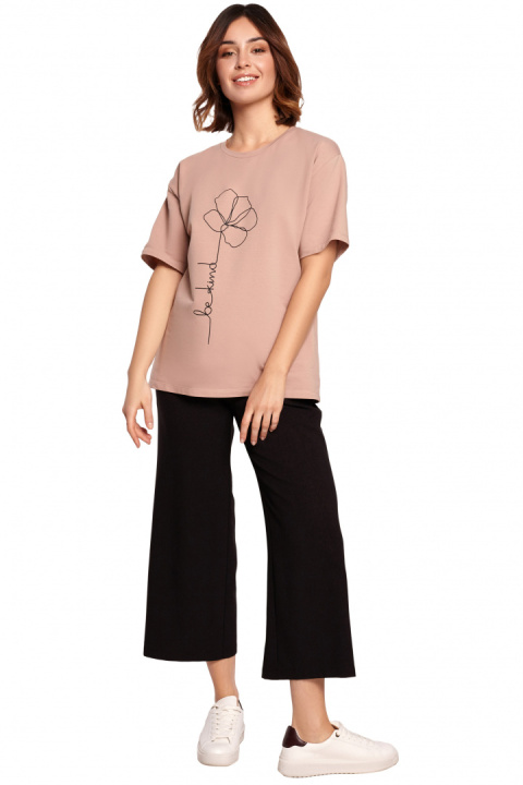Bawełniana koszulka damska t-shirt z kwiatkiem mocca B187 Bawełniana koszulka damska t-shirt z kwiatkiem mocca B187