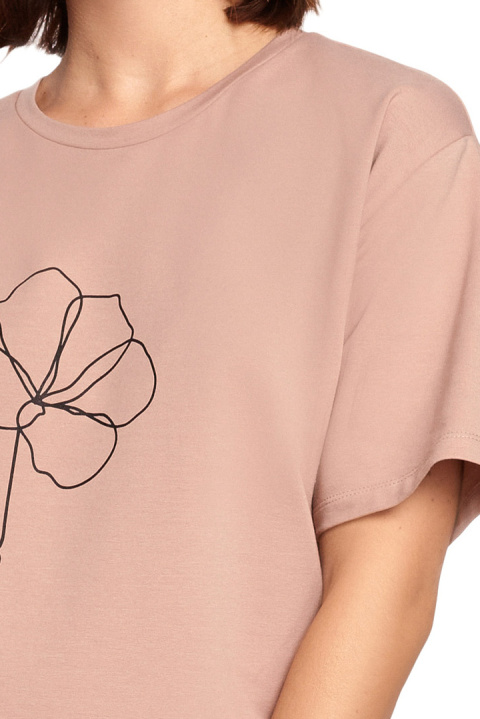 Bawełniana koszulka damska t-shirt z kwiatkiem mocca B187 Bawełniana koszulka damska t-shirt z kwiatkiem mocca B187