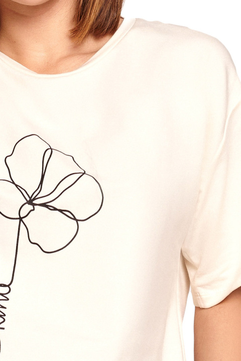 Bawełniana koszulka damska t-shirt z kwiatkiem śmietankowa B187 Bawełniana koszulka damska t-shirt z kwiatkiem śmietankowa B187