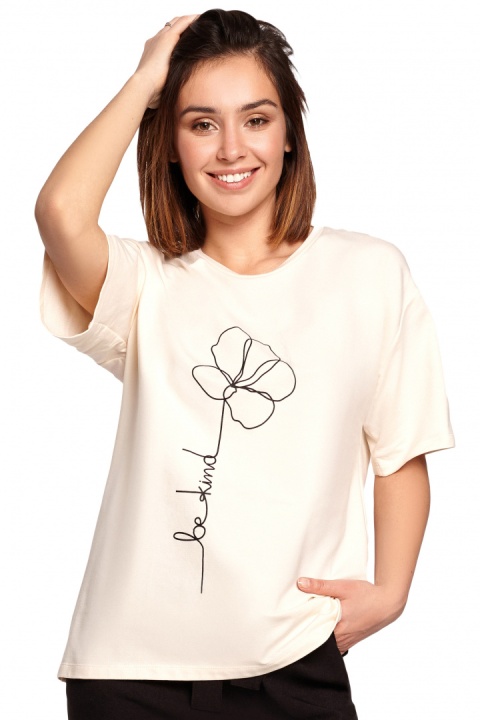 Bawełniana koszulka damska t-shirt z kwiatkiem śmietankowa B187