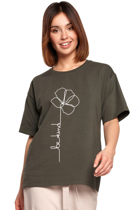 Bawełniana koszulka damska t-shirt z kwiatkiem zielona B187