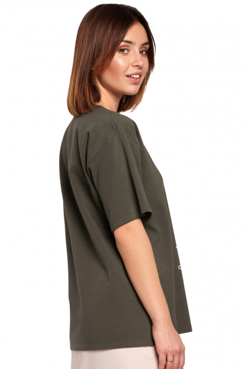 Bawełniana koszulka damska t-shirt z kwiatkiem zielona B187 Bawełniana koszulka damska t-shirt z kwiatkiem zielona B187