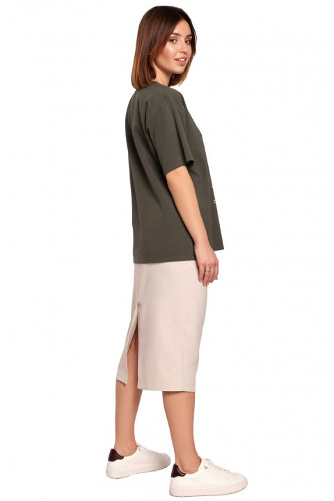 Bawełniana koszulka damska t-shirt z kwiatkiem zielona B187 Bawełniana koszulka damska t-shirt z kwiatkiem zielona B187