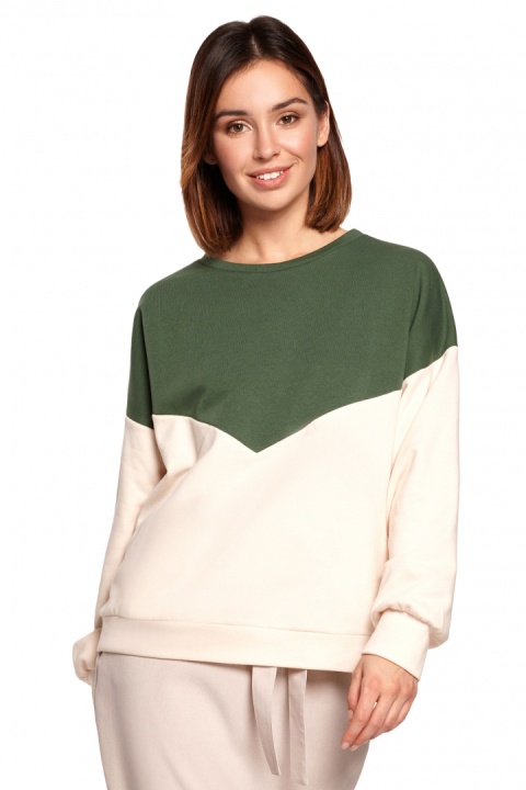 Bluza damska dwukolorowa bawełniana z plisą i mankietami zielona B196 Bluza damska dwukolorowa bawełniana z plisą i mankietami zielona B196