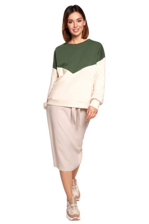 Bluza damska dwukolorowa bawełniana z plisą i mankietami zielona B196 Bluza damska dwukolorowa bawełniana z plisą i mankietami zielona B196