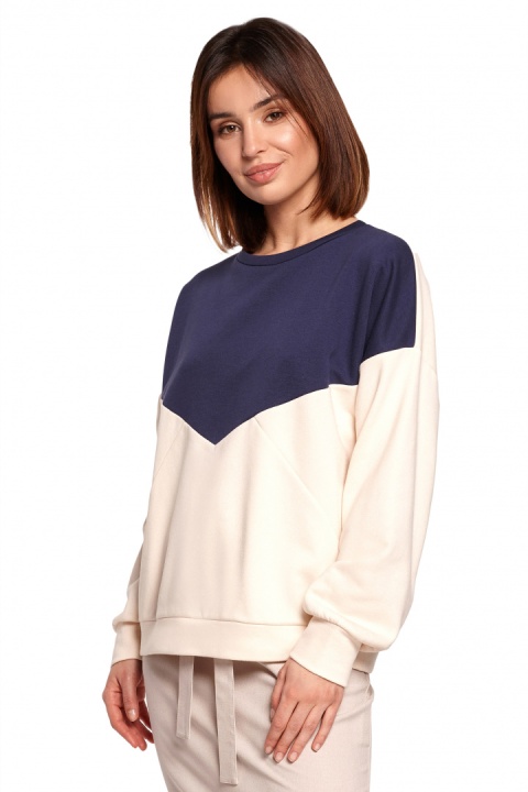 Bluza damska dwukolorowa bawełniana z plisą i mankietami niebieska B196 Bluza damska dwukolorowa bawełniana z plisą i mankietami niebieska B196