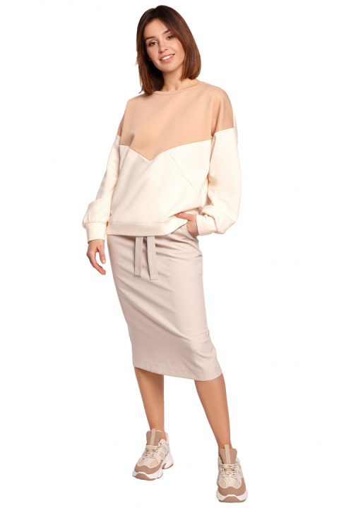Bluza damska dwukolorowa bawełniana z plisą i mankietami beżowa B196 Bluza damska dwukolorowa bawełniana z plisą i mankietami beżowa B196