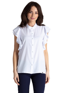 Bluzka damska koszulowa bez rękawów z falbanami biała K482