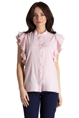 Bluzka damska koszulowa bez rękawów z falbanami różowa K482