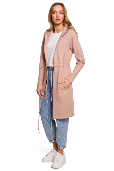 Długa bluza damska bez zapięcia z wiązaniem i kapturem mocca me582 Długa bluza damska bez zapięcia z wiązaniem i kapturem mocca me582