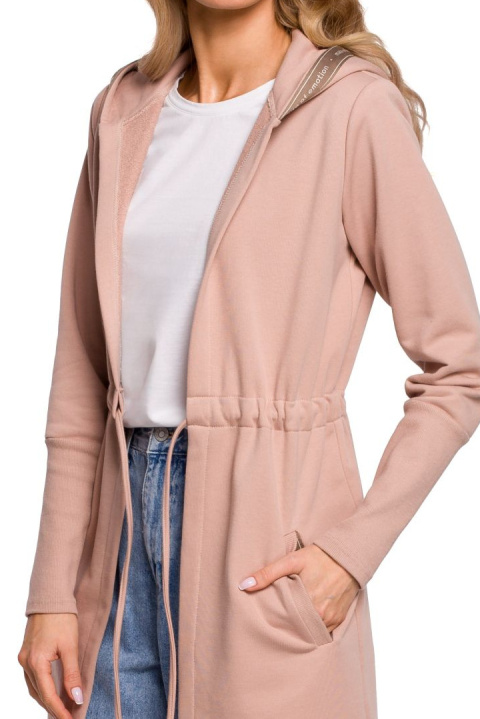 Długa bluza damska bez zapięcia z wiązaniem i kapturem mocca me582 Długa bluza damska bez zapięcia z wiązaniem i kapturem mocca me582
