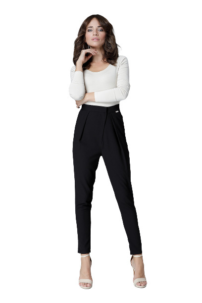 Eleganckie spodnie damskie z wysokim stanem luźne czarne L018 Eleganckie spodnie damskie z wysokim stanem luźne czarne L018