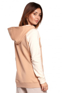 Bluza damska asymetryczna z kapturem i zamkiem na skos beżowa B195