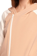 Bluza damska asymetryczna z kapturem i zamkiem na skos beżowa B195