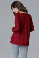 Luźna bluzka damska z falbanką i długim rękawem bordowa L020