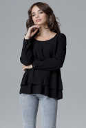 Luźna bluzka damska z falbanką i długim rękawem czarna L020