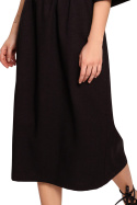 Luźna sukienka midi z gumką w pasie dekoltem rękaw 3/4 czarna B192