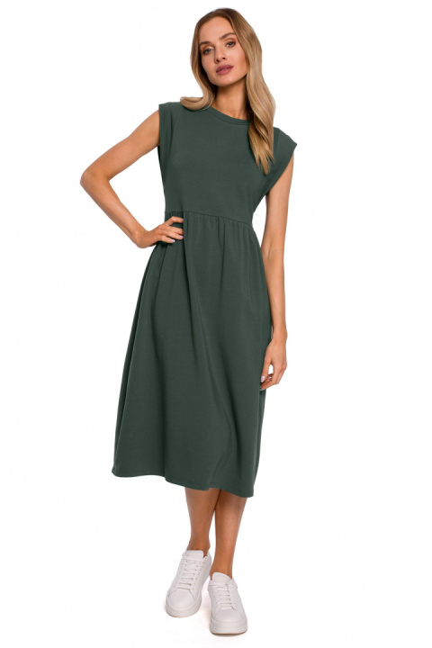 Sukienka midi odcinana w pasie z podwyższoną talią zielona me581