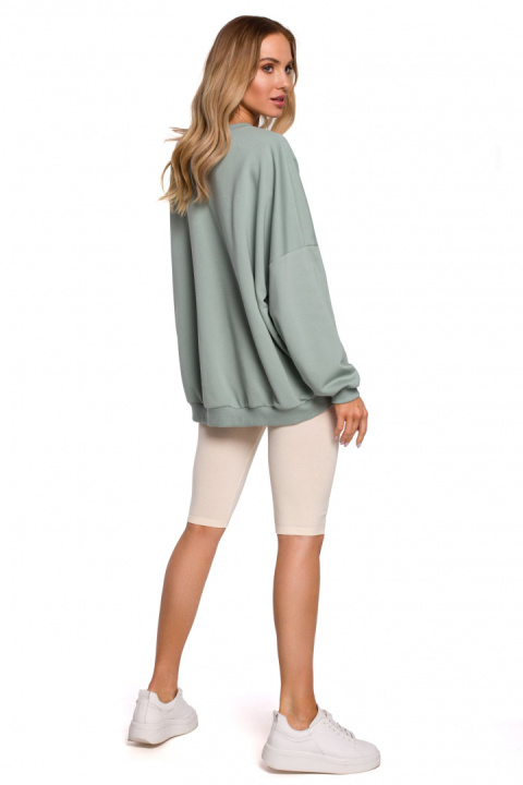 Bluza damska oversize ze ściągaczem i haftem dzianina miętowa me587 Bluza damska oversize ze ściągaczem i haftem dzianina miętowa me587