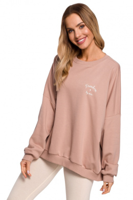 Bluza damska oversize ze ściągaczem i haftem dzianina mocca me587