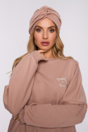 Bluza damska oversize ze ściągaczem i haftem dzianina mocca me587