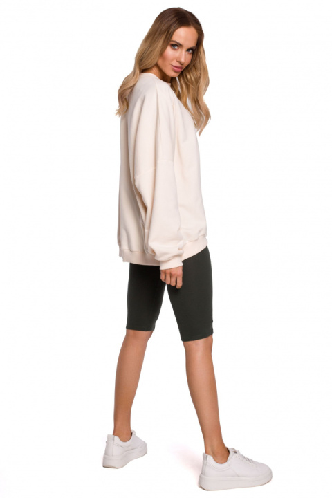 Bluza damska oversize ze ściągaczem i haftem dzianina waniliowa me587 Bluza damska oversize ze ściągaczem i haftem dzianina waniliowa me587
