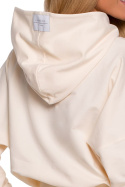 Bluza damska z kapturem i dużym ściągaczem w talii śmietankowa me592