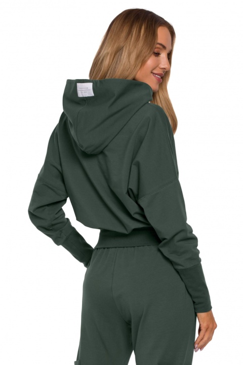 Bluza damska z kapturem i dużym ściągaczem w talii zielona me592 Bluza damska z kapturem i dużym ściągaczem w talii zielona me592