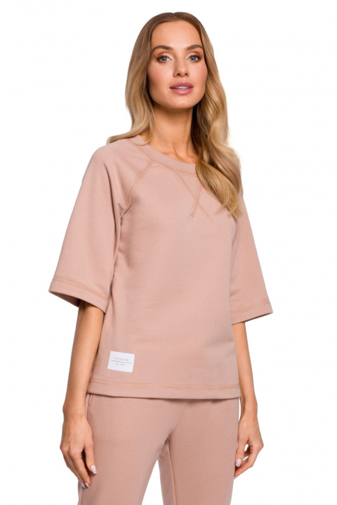 Bluza damska prosta z krótkim reglanowym rękawem mocca me584 Bluza damska prosta z krótkim reglanowym rękawem mocca me584