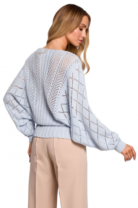 Sweter damski ażurowy z dekoltem V rękawy nietoperz błękitny me595 Sweter damski ażurowy z dekoltem V rękawy nietoperz błękitny me595