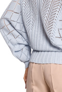 Sweter damski ażurowy z dekoltem V rękawy nietoperz błękitny me595