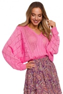 Sweter damski ażurowy z dekoltem V rękawy nietoperz różowy me595