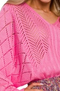 Sweter damski ażurowy z dekoltem V rękawy nietoperz różowy me595