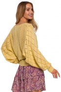 Sweter damski ażurowy z dekoltem V rękawy nietoperz żółty me595