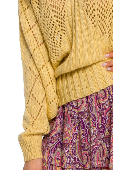 Sweter damski ażurowy z dekoltem V rękawy nietoperz żółty me595 Sweter damski ażurowy z dekoltem V rękawy nietoperz żółty me595