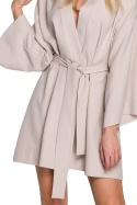 Sukienka kimono na zakładkę mini z paskiem wiązana beżowa K101