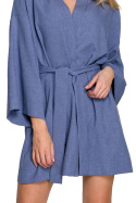 Sukienka kimono na zakładkę mini z paskiem wiązana niebieska K101