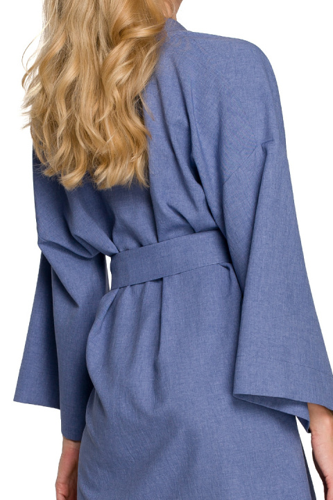 Sukienka kimono na zakładkę mini z paskiem wiązana niebieska K101 Sukienka kimono na zakładkę mini z paskiem wiązana niebieska K101