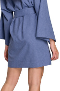Sukienka kimono na zakładkę mini z paskiem wiązana niebieska K101