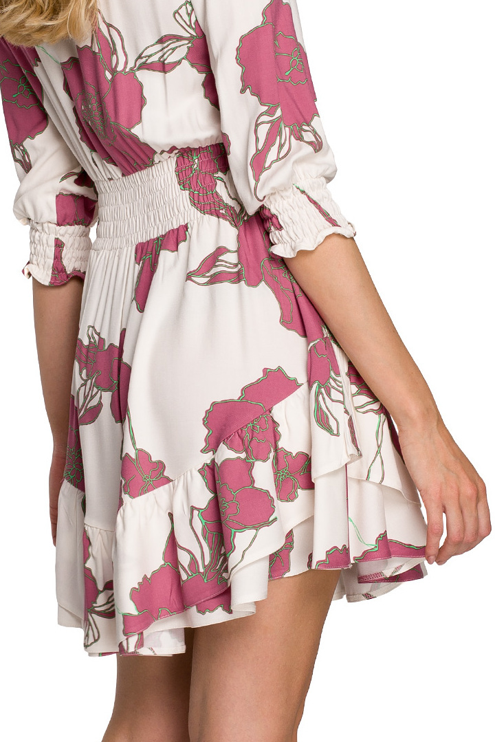 Sukienka rozkloszowana mini z wiskozy z wysokim pasem ecru K097