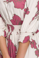 Sukienka rozkloszowana mini z wiskozy z wysokim pasem ecru K097