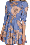 Sukienka rozkloszowana mini z wiskozy z wysokim pasem niebieska K097
